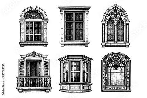 Vintage architectural window designs in detailed black and white