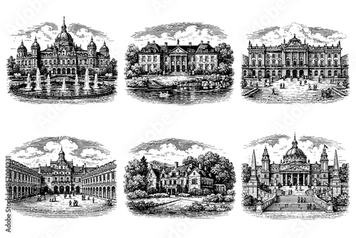 Historic architectural engravings of european landmarks with classical gardens and fountains