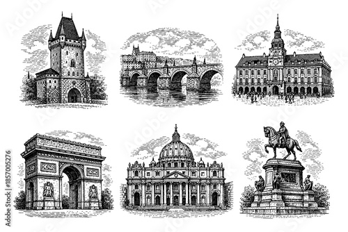 Historic european landmarks in detailed vintage engraving style