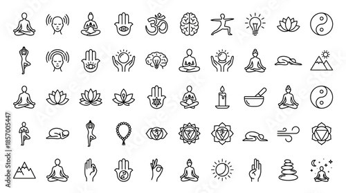 Meditation Symbols and Icons Collection, Spiritual Elements, Graphic Design, Calm Environment, Top View, Zen Concept