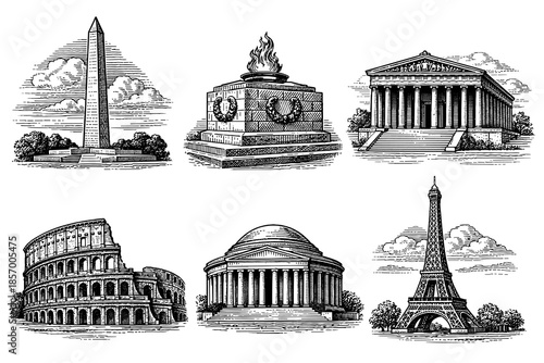 Vintage monuments set featuring famous global landmarks in black and white engraving style