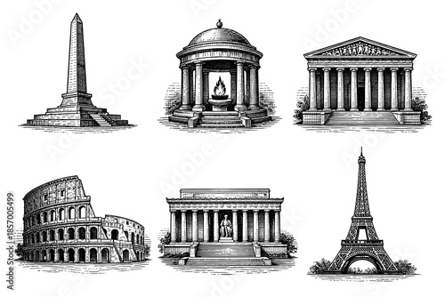 Detailed landmarks: classic architectural designs of world monuments