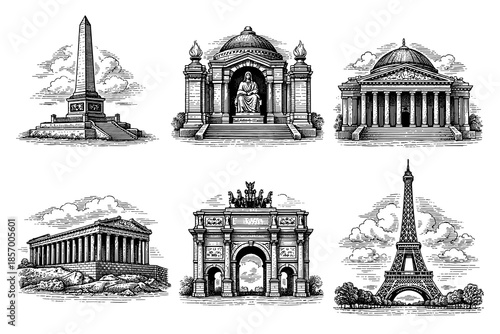 Classic monuments collection: hand-drawn landmark sketches of iconic architectural structures