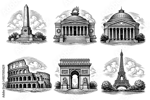 Classic monuments: detailed architectural drawings of global landmarks
