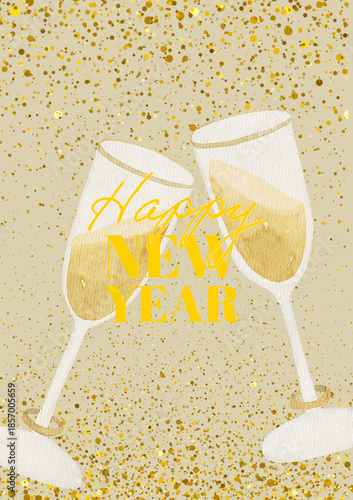 Happy New Year Celebration, Champagne Glasses Toast Illustration