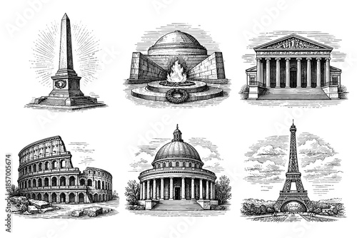 Detailed architectural landmarks in black and white line art style