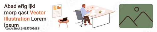 Workspace, productivity, design, education, business planning, digital tools. A man working at a desk surrounded by a laptop, documents and decor. Workspace and productivity concepts