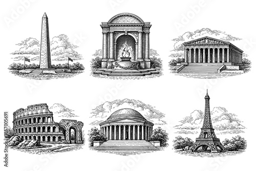 Monuments around the world: vintage architectural landmarks collection