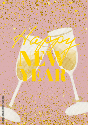 Happy New Year Celebration, Champagne Glasses Toast Illustration