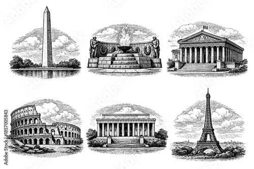 Historic landmarks: detailed black and white line art of iconic monuments