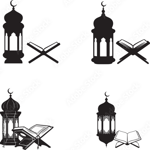 Black and white Islamic prayer symbols with lanterns and Qurans