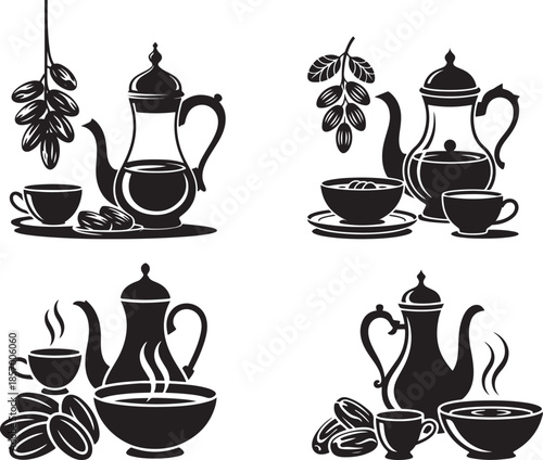 Black and white coffee and tea set with cocoa beans