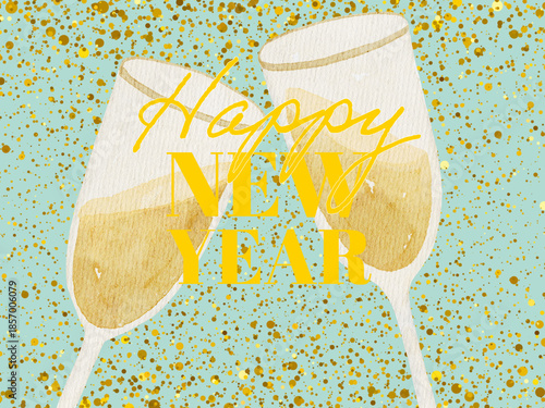 Happy New Year Celebration, Champagne Glasses Toast Illustration