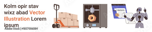 Warehouse management, industry 4.0, robotics, automation in workspaces, 3D printing invoicing systems. Cart with boxes 3D printer robot with invoice. Warehouse logistics and industry 4.0 concept