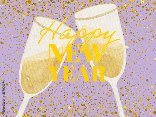 Happy New Year Celebration, Champagne Glasses Toast Illustration