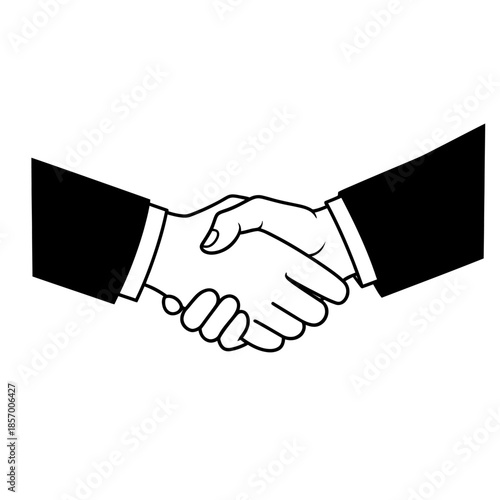 Business handshake illustration, agreement and partnership concept, black and white vector graphic