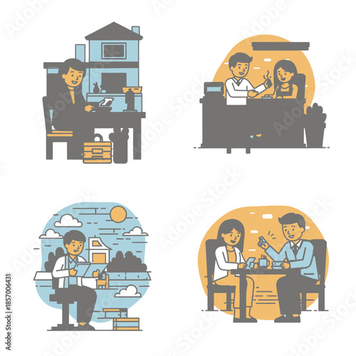 Diverse Business Scenarios: Office Work, Meetings, and Outdoor Work