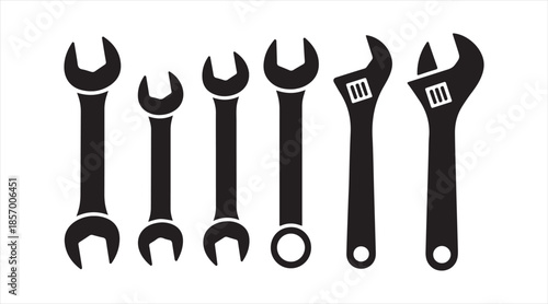Set of wrenches and spanners — mechanical hand tools in various sizes illustrated as black vector silhouettes