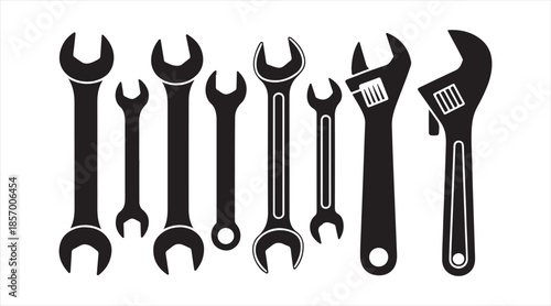 Black wrench glyph icons — hand tool collection for repair, maintenance and automotive work