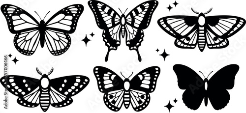 Butterfly silhouettes with decorative stars and symmetrical wing patterns vector illustration 