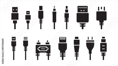 Black connector glyph icons collection featuring USB plugs, jacks and electronic device cables