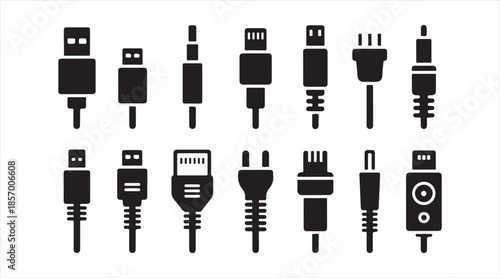 Electronic cable icons set — data plugs, charging connectors and adapters in vector glyph illustrations