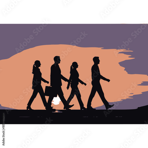 Silhouette of business people walking together against a sunset sky