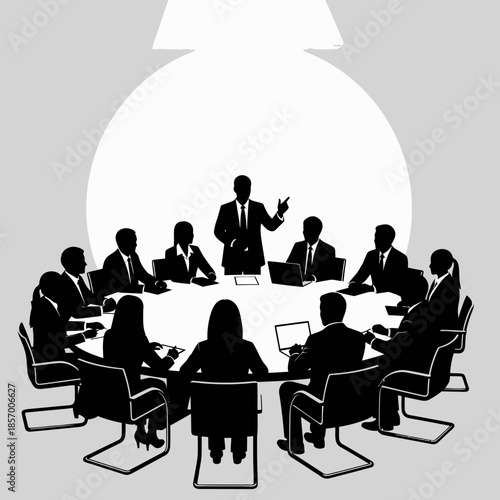 Business Meeting Silhouettes: Team Collaboration Around a Round Table