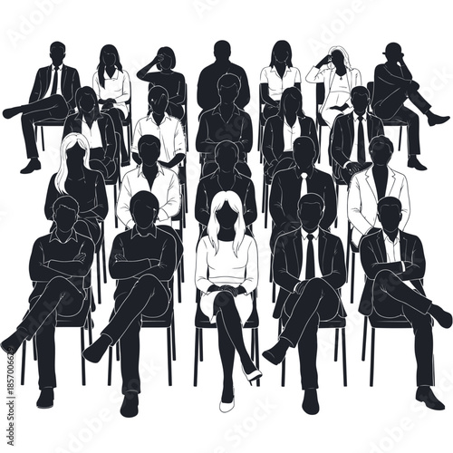 Diverse audience sitting in chairs, attentive and engaged, business meeting or presentation concept