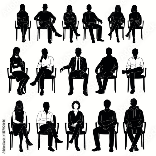 Diverse Group of People Silhouettes Sitting on Chairs, Business and Casual Styles