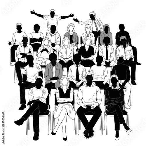 Diverse audience sitting in rows, speaker with open arms addressing crowd