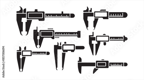Precision measurement illustration set featuring electronic calipers and gauges in vector silhouette style