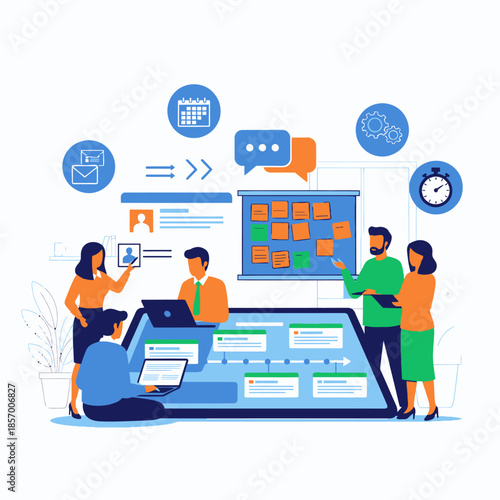 Teamwork and project management illustration: business people collaborating on a digital board