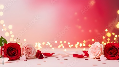 Luxurious Valentines greeting design with elegant copy space featuring roses petals hearts soft blush crimson gold lighting dreamy bokeh romantic atmosphere premium high-resolution layout