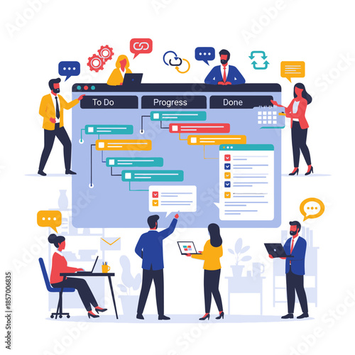 Agile Project Management Team Collaborating on Kanban Board with Tasks