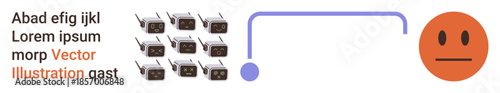 Communication, connectivity, media broadcast, technology, emotions, signal processing. Image shows radios linked to an emotion face by a line connection. Communication and emotions concept