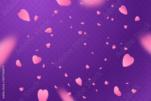 Falling pink hearts confetti isolated on purple transparent background. Symbol of love. Ideal for design of wedding, greeting cards and Valentines Day. Eps 10