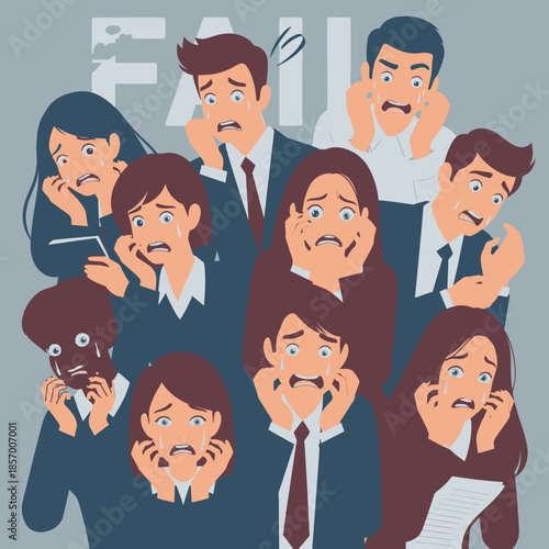 Group of stressed business people crying and looking scared, with the word FAIL in the background