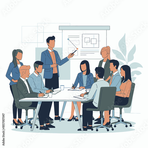 Business meeting with diverse team presenting strategy at conference table with whiteboard