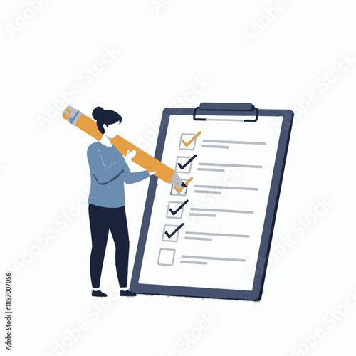 Woman checking off items on a large checklist with a giant pencil, business concept