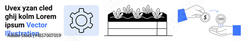 Gear symbol for machinery, plants growing in a garden bed, and hands exchanging money. Ideal for agriculture, technology, environment, investment, automation, energy simple landing page