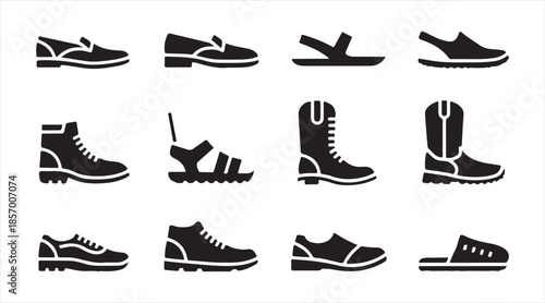 Vector shoe icon pack — boots, loafers, sandals and slippers in black silhouette footwear collection