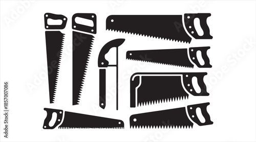 Woodworking saw illustration set featuring hand saws with various blades and handles in vector silhouettes