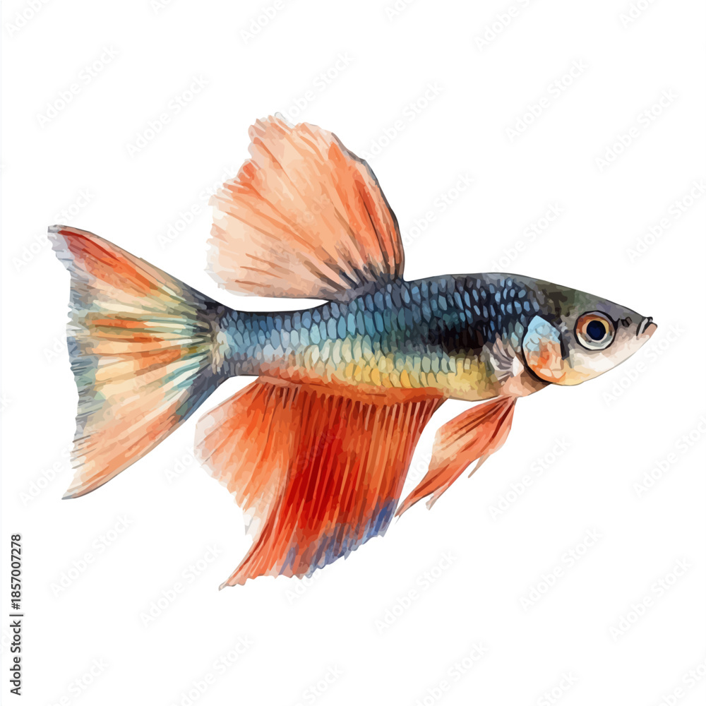 Fototapeta premium Guppy Fish, watercolor vector depicting playful antics, isolated on a white background.