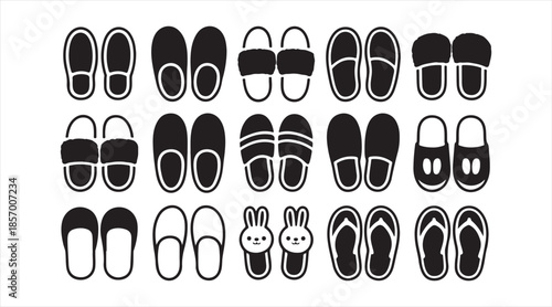 Cozy indoor slipper icons set — children and adult house shoes, flip flops and plush bunny designs in vector style