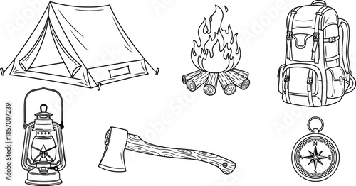 Outline illustration of 6 camping gear items tent campfire backpack lantern axe and compass