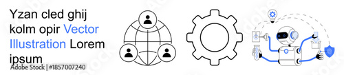 Technology, artificial intelligence, automation, network connectivity, business, data integration. Image shows global network, gear and robot icons. technology and artificial intelligence