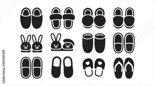 Vector icon pack of home slippers — cute bunny designs, open and closed toe indoor footwear silhouettes