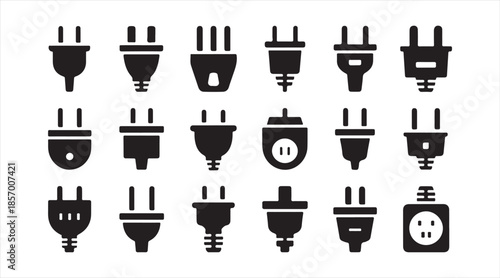 Vector electric plug illustration set featuring outlets, prongs, adapters and charging connectors