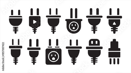 Set of power plug and socket icons — electricity connectors and adapters in silhouette style